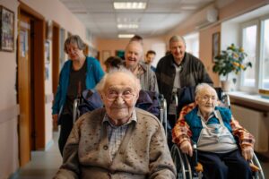 Caregiver calmly helps a senior resident with a daily activity in a bright assisted living room.